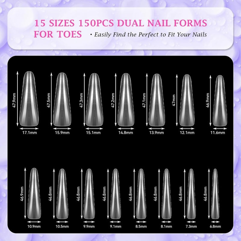 Outopen 150pcs Long Straight Stiletto Dual Nail Forms Clear Full Cover Nail Extension Art Mold with Scale Reusable Nail Forms for Polygel Acrylic Extension Beginners DIY Manicure, 15 Sizes - Image 2